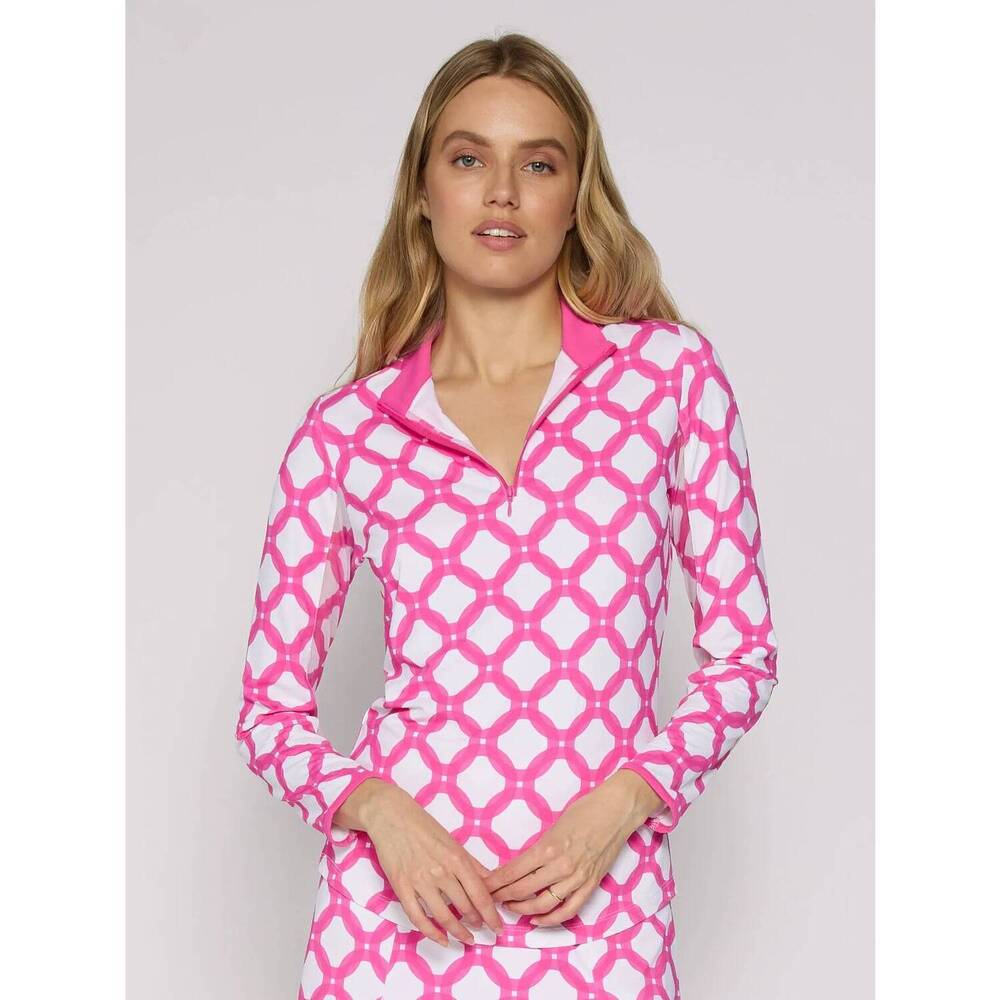 NEW G LIFESTYLE quarter-zip mock neck top in circle geo hot pink